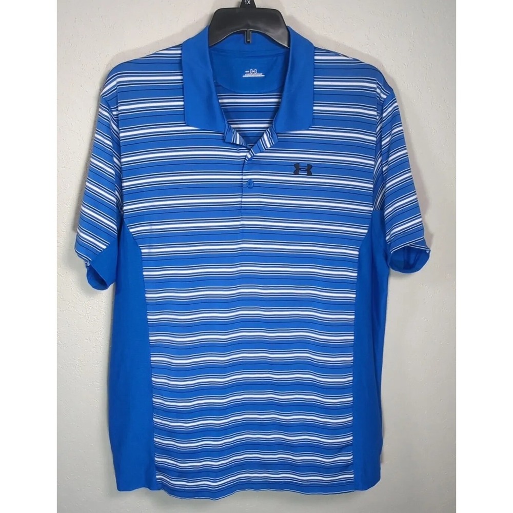 Under Armour Mens 2XL XXL Blue White Striped Golf Polo Short Sleeves